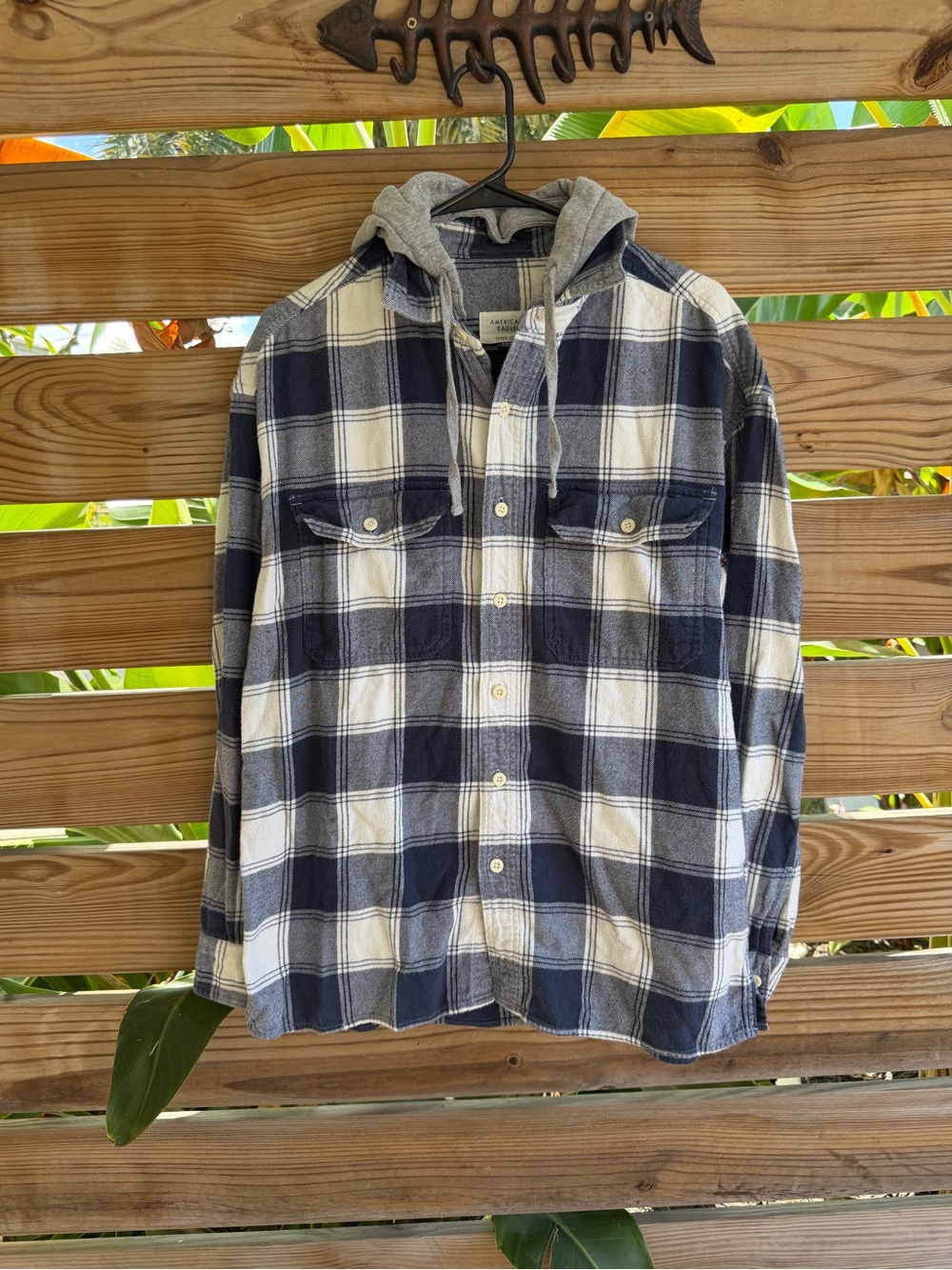American Eagle Outfitters Navy & White Plaid Button-Down Shirt with Gray Hood
